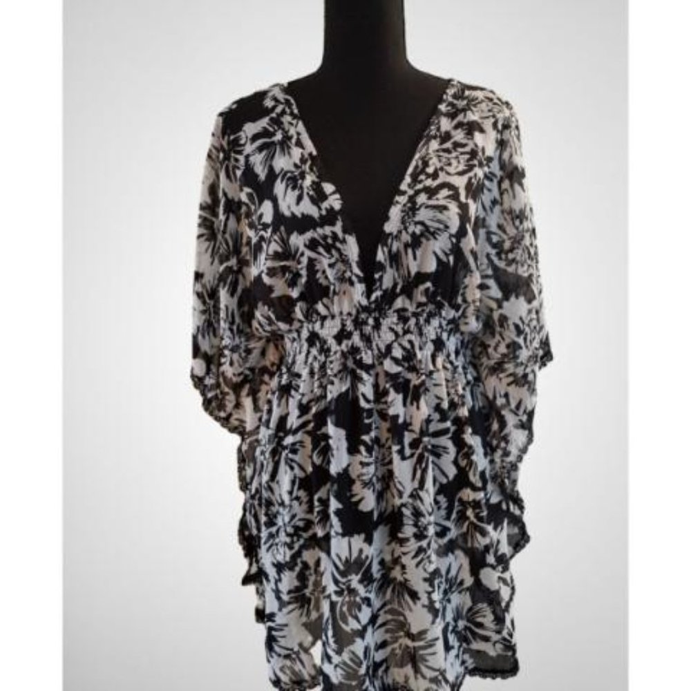 Time and Tru Sheer Black White Floral Swim Cover Up